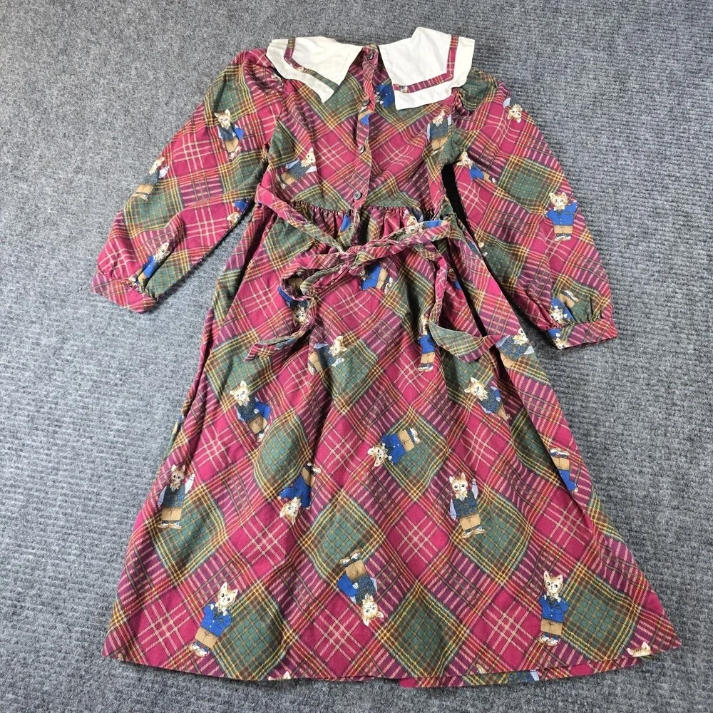 Vintage Polly Flinders Dress Size 7‎ Red Csts Smocked Ruffled Peter Pan Collar